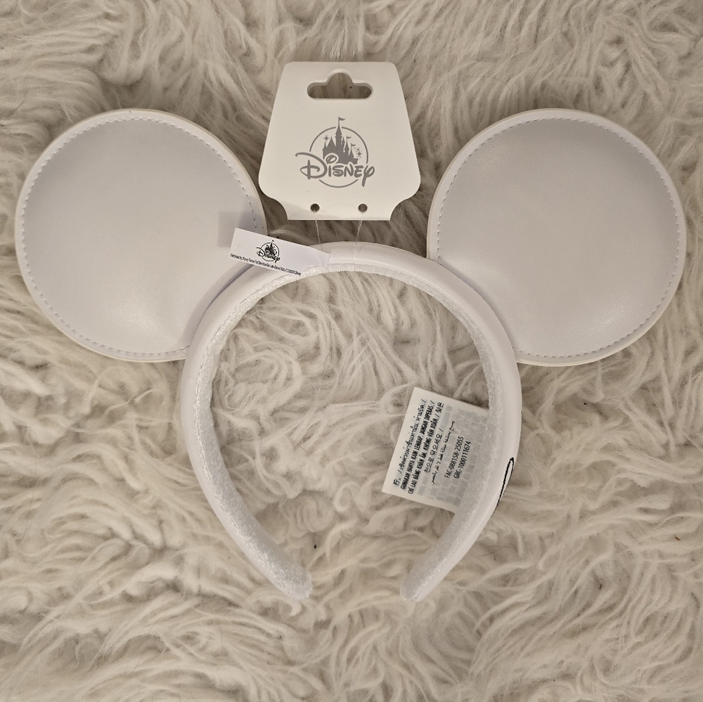 Disney White Faux Vegan Leather Mickey Minnie Mouse Ears Headband Pleather